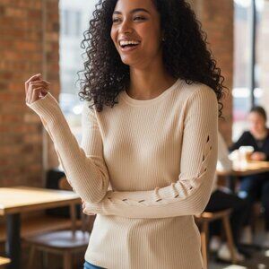 (E-194)Stella + Lorenzo Women’s Ribbed Knit Top Size M Cream Long Sleeve Stretch